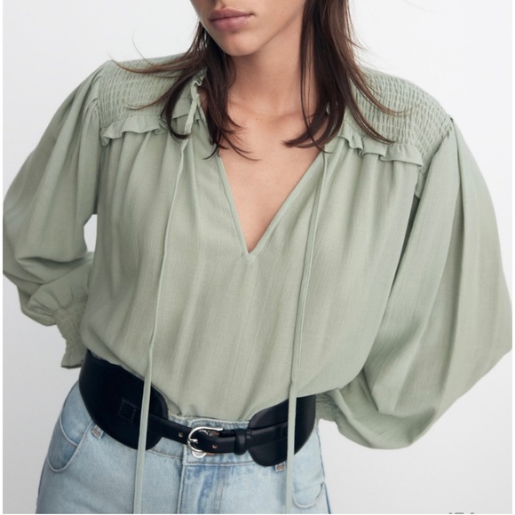 ZARA Smocked Shoulder Long Sleeve Blouse in sage green - Picture 2 of 5